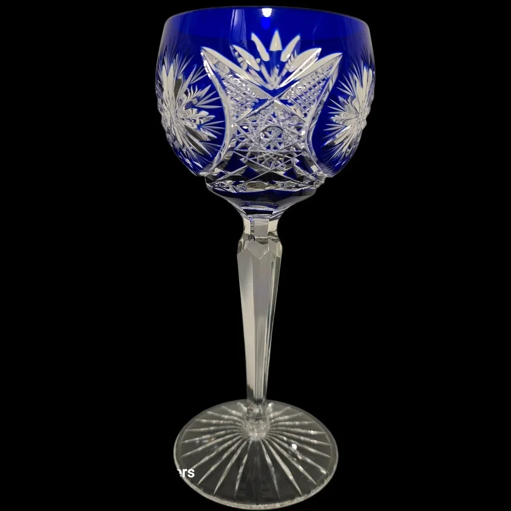 Set 2 Cobalt Blue Crystal Cut Hock‎ Wine Glasses Starburst Val St. Lambert